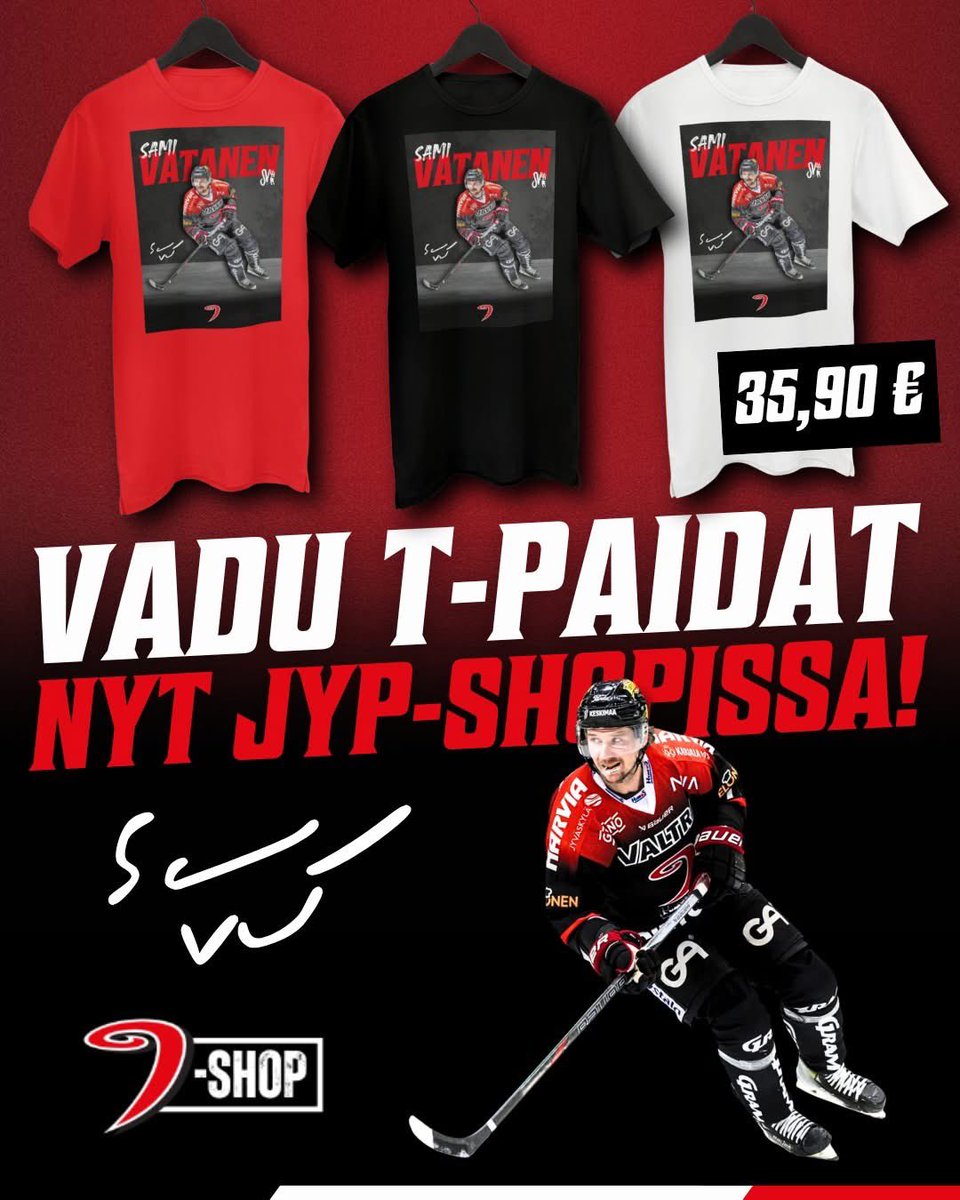 JYPJyvaskyla's tweet photo. Nyt niitä saa - Vadu paidat valtaavat JYP-Shopin! 🌪️🏒

Tämä paita ei selityksiä vaadi. Sami Vatanen on palannut kotiin. 
Osta oma Vadun kotiinpaluuta juhlistava t-paitasi nyt!

Hanki omasi 👉 https://t.co/F1yNLteORl

#JYPliiga #meollaanJYP #keskisuomesta #Liiga https://t.co/K8mOKhsGhw