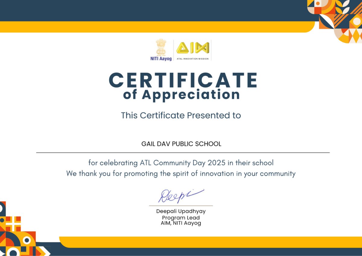 AtlGAILDAV's tweet photo. 🎉 Congratulations to @GailDavps students &amp; mentors on receiving an appreciation certificate from @AIMtoInnovate for celebrating ATL Community Day on April 17, 2025!
🙏 Thanks to @DibiyapurKv for your valuable participation!
#ATLCommunityDay #STEM #Innovation @cbseindia29 https://t.co/pBWw168l13