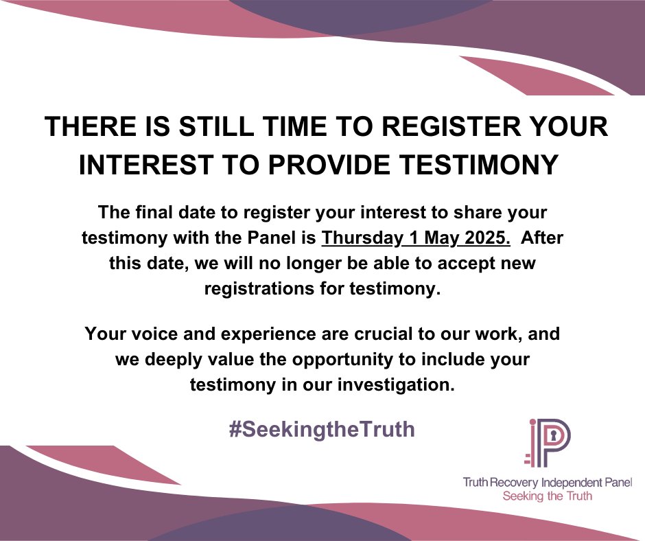 TruthPanel_NI's tweet image. 💬| There is still time to register your interest to share your testimony with us.
Your voice matters - help us to shine a light on the truth.
📞Call us on 028 9052 0263
📧Email us at testimony@independentpanel.org.uk
💻Visit our website: independentpanel.truthrecoveryni.co.uk