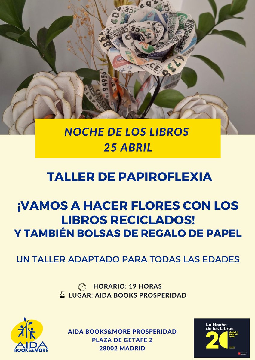 Os esperamos mañana por la noche para celebrar La Noche de los Libros.

Taller de Papiroflexia 

Librería AIDA Books&amp;More Prosperidad
Plaza de Getafe, 2
Horario: 19h

city-confidential.com/la-noche-de-lo…

<a href="/cityconf/">City Confidential</a>