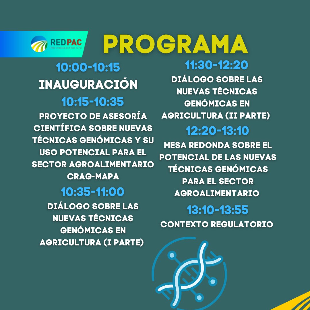 🍴Jornada gratuita Red PAC: "El potencial de las nuevas tecnologías de mejora genética en el sector agroalimentario":
🟠Presentar el proyecto científico sobre las nuevas técnicas #Genómicas del @mapagob y el <a href="/cragenomica/">CRAG</a>
📍12/05 - Madrid
📝HASTA 9/05: bit.ly/3GpEhPW