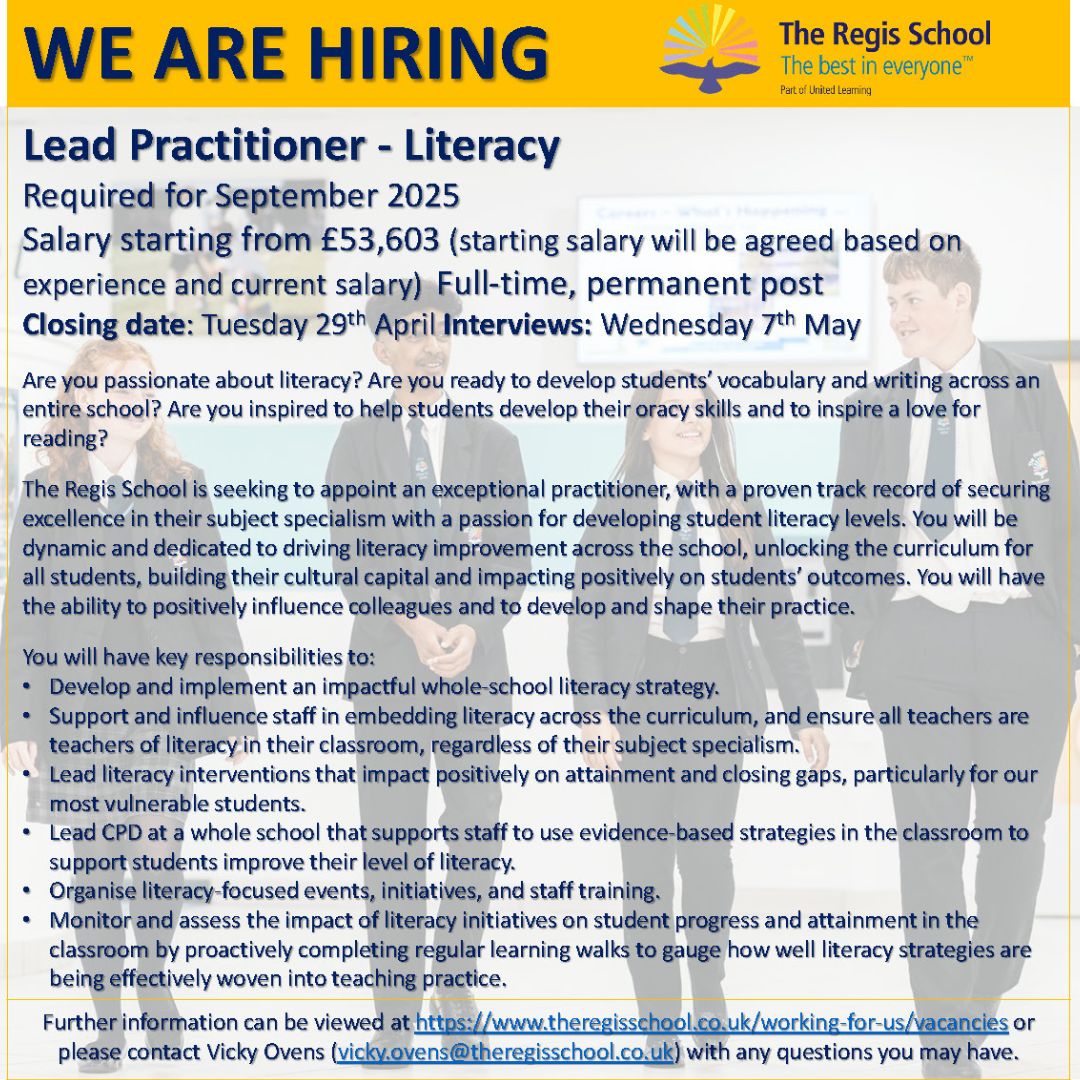 Are you passionate about literacy? Are you ready to develop students’ vocabulary and writing across an entire school? Are you inspired to help students develop their oracy skills and to inspire a love for reading?

theregisschool.co.uk/working-for-us…