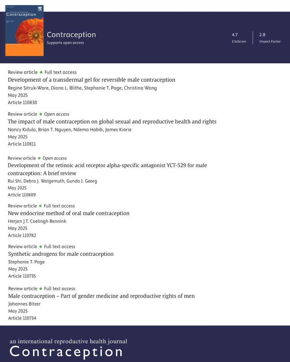 Contraception (@contraceptionjl) on Twitter photo 🚹 What’s next in male birth control?
Contraception’s new Special Issue highlights breakthroughs from the Fourth International Congress on Male Contraception. From hormonal gels to non-hormonal innovations like retinoic acid blockers and injectable hydrogels, these 10 articles 🚹 What’s next in male birth control?
Contraception’s new Special Issue highlights breakthroughs from the Fourth International Congress on Male Contraception. From hormonal gels to non-hormonal innovations like retinoic acid blockers and injectable hydrogels, these 10 articles