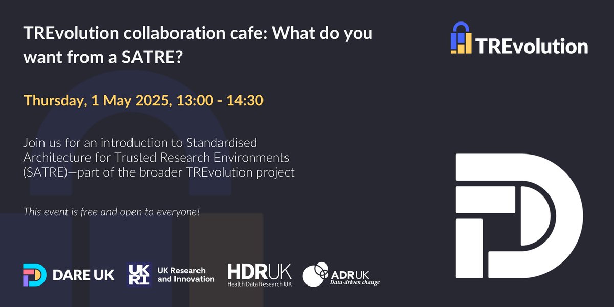 📢 Join us for an engaging introduction to Standardised Architecture for Trusted Research Environments (SATRE) – part of the #TREvolution project – and help shape a trusted and standardised approach to secure data research.

📌 What to expect:

🔹 Insights into SATRE’s goals and