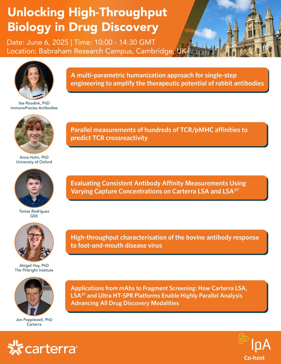 Carterra (@carterra_bio) on Twitter photo Carterra & <a href="/ImmunoPrecise/">IPA (ImmunoPrecise Antibodies)</a> invite you to join this FREE symposium in #Cambridge. With experts from <a href="/UniofOxford/">University of Oxford</a>, <a href="/GSK/">GSK</a>, <a href="/Pirbright_Inst/">The Pirbright Institute</a>, IPA & Carterra, a wide range of #drugdiscovery topics will be covered.
To register: info.carterra-bio.com/cambridge-sympโฆ
#biologics #antibodies #smallmolecule Carterra & <a href="/ImmunoPrecise/">IPA (ImmunoPrecise Antibodies)</a> invite you to join this FREE symposium in #Cambridge. With experts from <a href="/UniofOxford/">University of Oxford</a>, <a href="/GSK/">GSK</a>, <a href="/Pirbright_Inst/">The Pirbright Institute</a>, IPA & Carterra, a wide range of #drugdiscovery topics will be covered.
To register: info.carterra-bio.com/cambridge-sympโฆ
#biologics #antibodies #smallmolecule