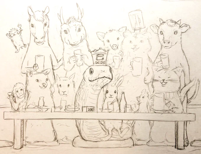 その前に描いてた干支ズのラフ案✏️🌅 