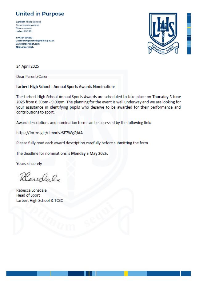 Annual Sport Awards are scheduled to take place on Thursday 5 June 2025.