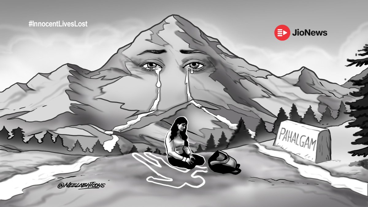 JioNews's tweet photo. Tears in the Valley. 😢

A place of peace now bears the weight of grief.

How long before peace is more than just a prayer?

Art by: @NeelabhToons

#Pahalgam #TerrorAttack #PahalgamTerrorAttack #JammuKashmir #InnocentLivesLost https://t.co/wn0IZPK3fq