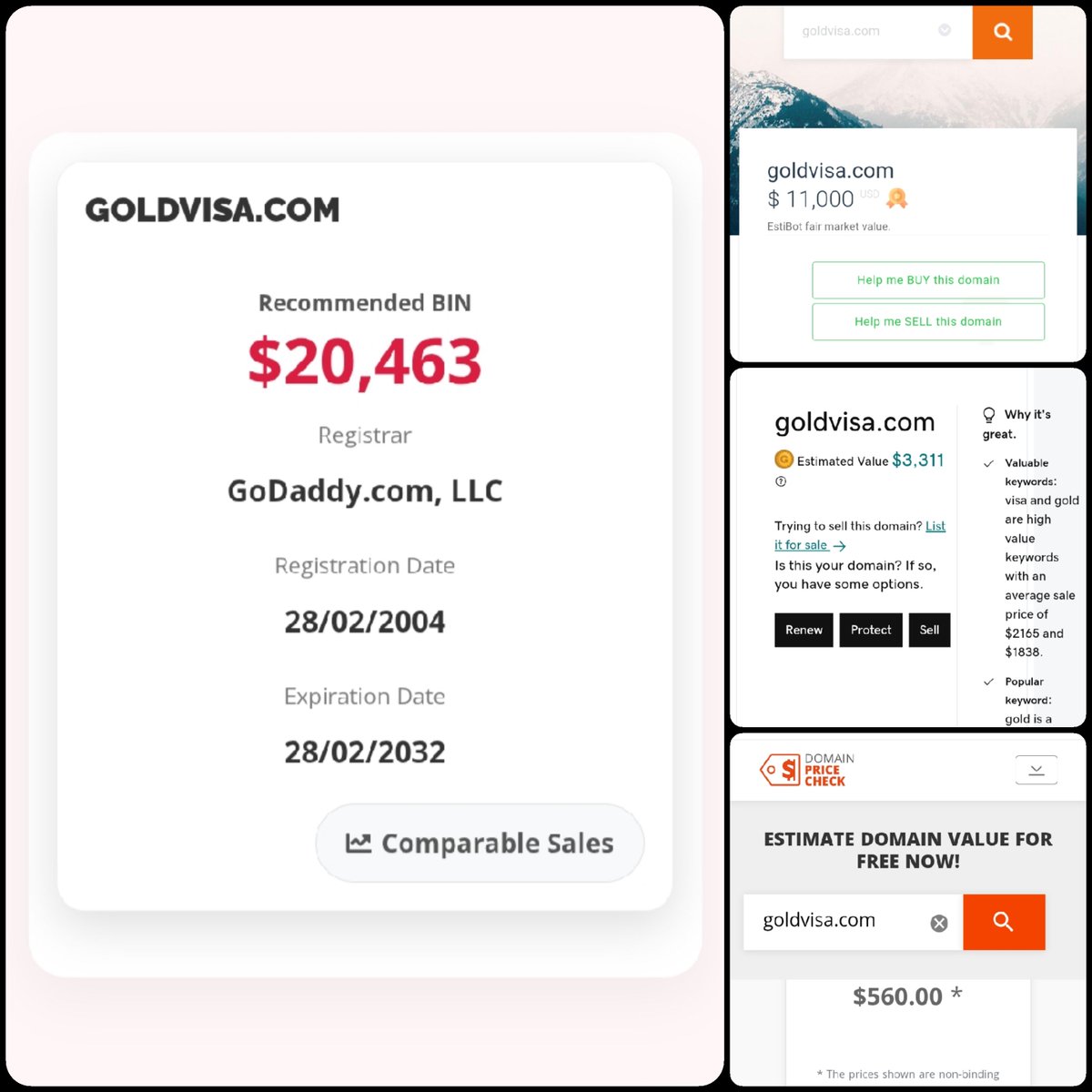 🌐 GOLDVISA .com

💰 Sold Price : $25,000

✔ @DNRater Recommended BIN : $20,463
✔ Estibot Valuation : $11,000
✔ Godaddy Estimation : $3,311
✔ InternetX Appraisal : $560

📌 Venue : #private
📆 2025-04-04