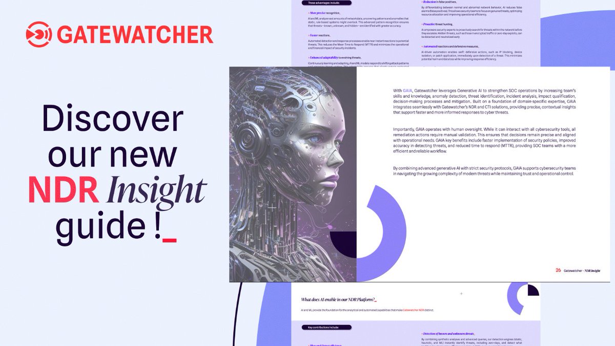 Hackers use #GenAI .

Shouldn’t your #SOC do the same?

With GAIA and NDR, we give defenders the edge: AI-enhanced speed, precision, and continuous adaptation.

📘 Discover how in our free #NDR Guide: info.gatewatcher.com/hubfs/Guide%20…