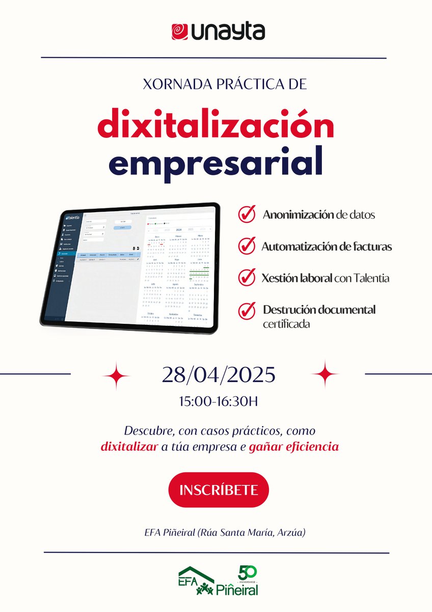 UNAYTA (@unayta) on Twitter photo Xornada práctica de Dixitalización Empresarial
🕒 28/04/2025, de 15:00 a 16:30h
📍 <a href="/EfaPineiral/">EFA PIÑEIRAL</a> (Rúa Santa María, Arzúa)
Descubre, a través de casos prácticos, como dixitalizar a túa empresa e gañar eficiencia! Xornada práctica de Dixitalización Empresarial
🕒 28/04/2025, de 15:00 a 16:30h
📍 <a href="/EfaPineiral/">EFA PIÑEIRAL</a> (Rúa Santa María, Arzúa)
Descubre, a través de casos prácticos, como dixitalizar a túa empresa e gañar eficiencia!