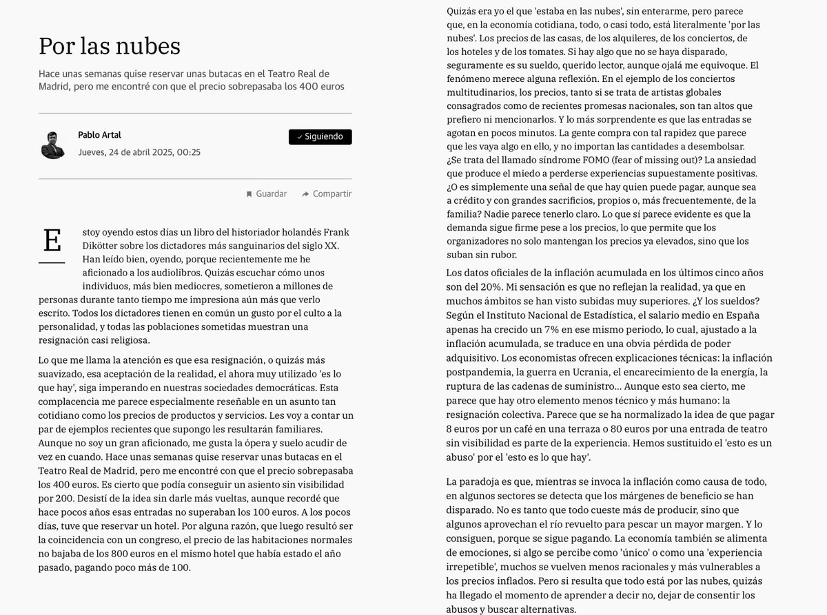 "Por las nubes"       

Mi artículo de opinión quincenal de hoy en <a href="/laverdad_es/">laverdad_es</a>

"...quizás ha llegado el momento de aprender a decir no, dejar de consentir los abusos y buscar alternativas."         

laverdad.es/opinion/pablo-…

<a href="/aaguirredc/">alberto aguirre de c</a> <a href="/vrrios/">Víctor Rodríguez</a>
