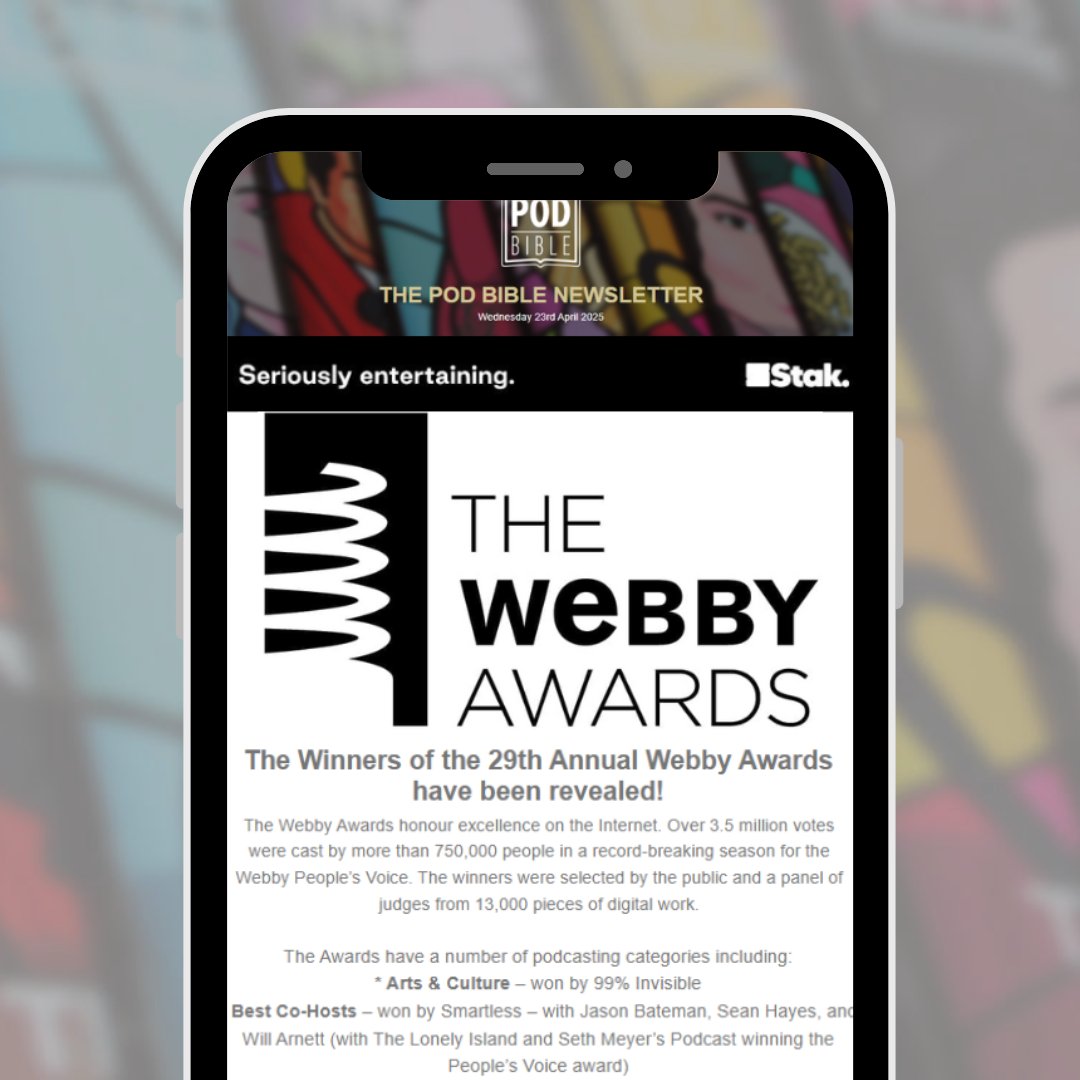 podbible's tweet image. NEWSLETTER #262!
The Winners of the 29th Annual @TheWebbyAwards have been revealed!...PLUS @PodcastShowLDN has revealed more big voices joining its speaker lineup including @Alicelevine & @mattforde...
READ NOW: mailchi.mp/podbiblemag/po…
