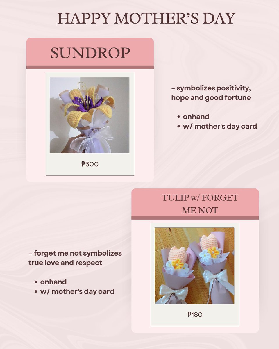 yeonniesz's tweet photo. available flowers you can purchase this mother's day!

>> gcash ; jnt
>> onhand ; ready to ship
>> limited stocks only

t. crochet wts lfb ph bouquet handmade gift commission comms rose sundrop tulip forget me not https://t.co/Dt2plSZg5w