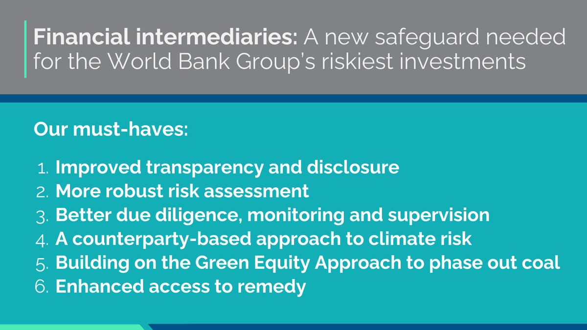 A new safeguard is needed for the <a href="/WorldBank/">World Bank</a> Group’s riskiest investments⚠️

As <a href="/IFC_org/">IFC</a> reviews its environmental &amp; social safeguards, it should introduce a new safeguard on financial intermediary lending

Read about the review and our must-haves bit.ly/IFC-FI25 ⤵️ 🧵