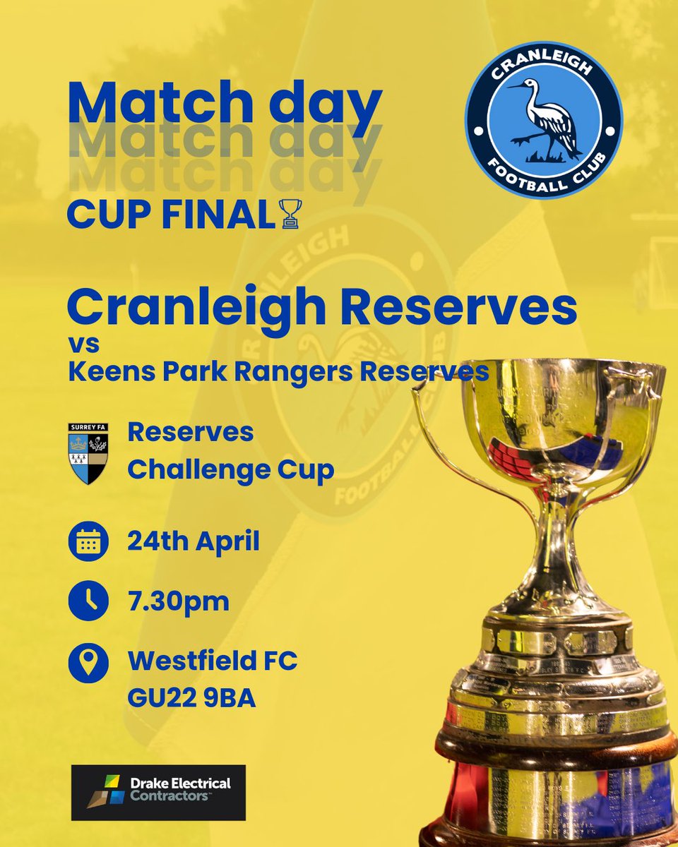 CUP FINAL DAY! Today’s the day. Cranleigh Reserves taken on <a href="/KeensParkFC/">Keens Park Rangers FC</a> Reserves in the Challenge Cup at Westfield FC in Woking. Good luck lads! Come on you Cranes! 🏗️ 🟦⬜️