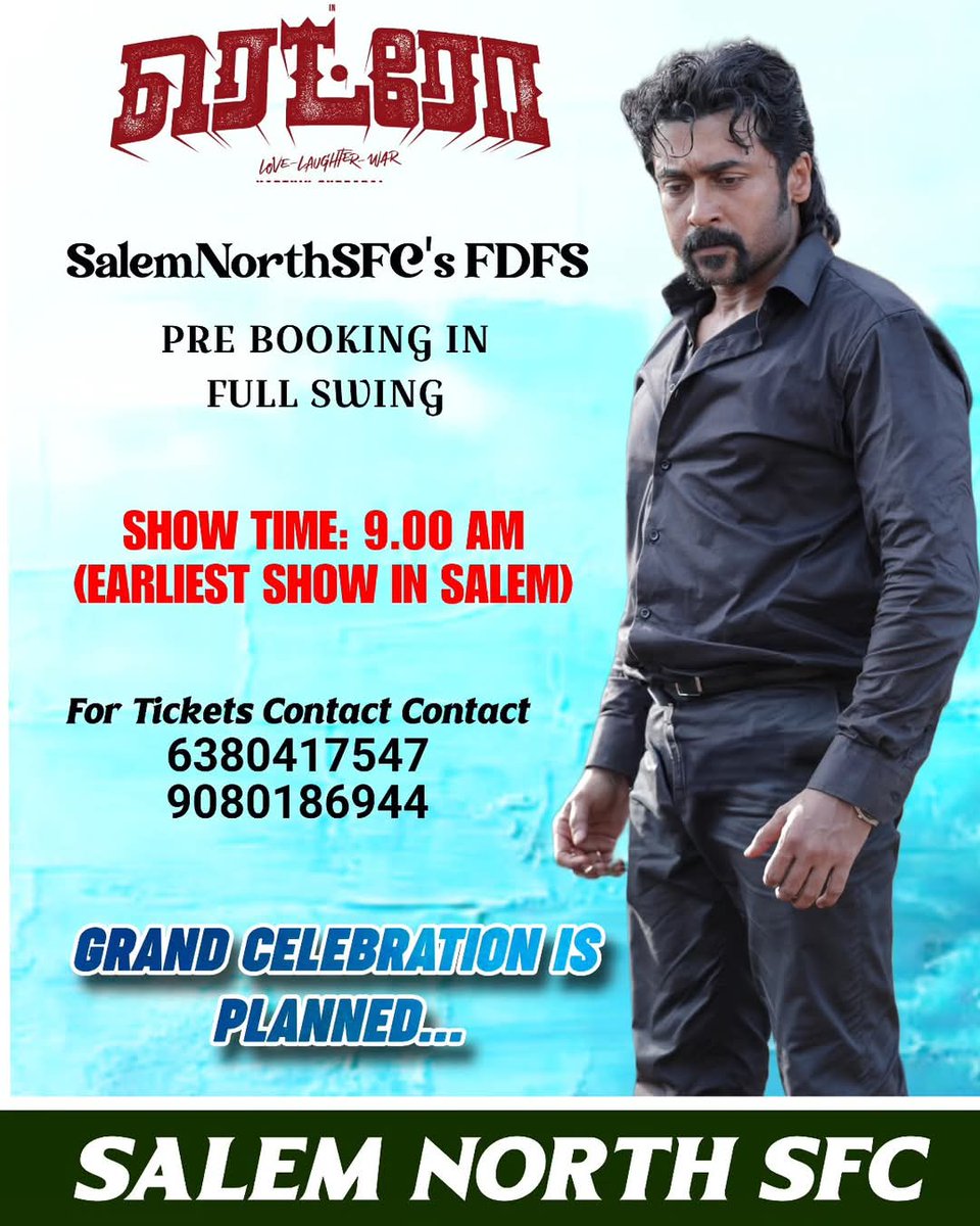 Experience the massive Fanshow with us !🔥❤️‍🔥

#SalemNorthSFC Planning 
  #Retro Fanshow Bookings Open Now 

Celebration starting 6.00Am 
TIME : 9.00AM 💥show 

Grab Your Tickets Fast 🎟️✅
#RetroFromMay1 

<a href="/Suriya_offl/">Suriya Sivakumar</a> <a href="/rajsekarpandian/">Rajsekar Pandian</a> 
<a href="/SKPrem55/">SK Prem SalemSFC™𝕏</a> <a href="/Nandha_SalemSFC/">நந்தா✨</a>