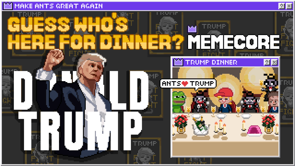 MemeCore_ORG's tweet photo. We are announcing to join the private DINNER WITH PRESIDENT TRUMP on May 22nd.

It will be an unforgettable Gala DINNER that carves our name, MemeCore, into Washington, D.C.

Keep an eye on the $TRUMP leaderboard.

LOCK IN

@realDonaldTrump @GetTrumpMemes https://t.co/SBybWJTtbG