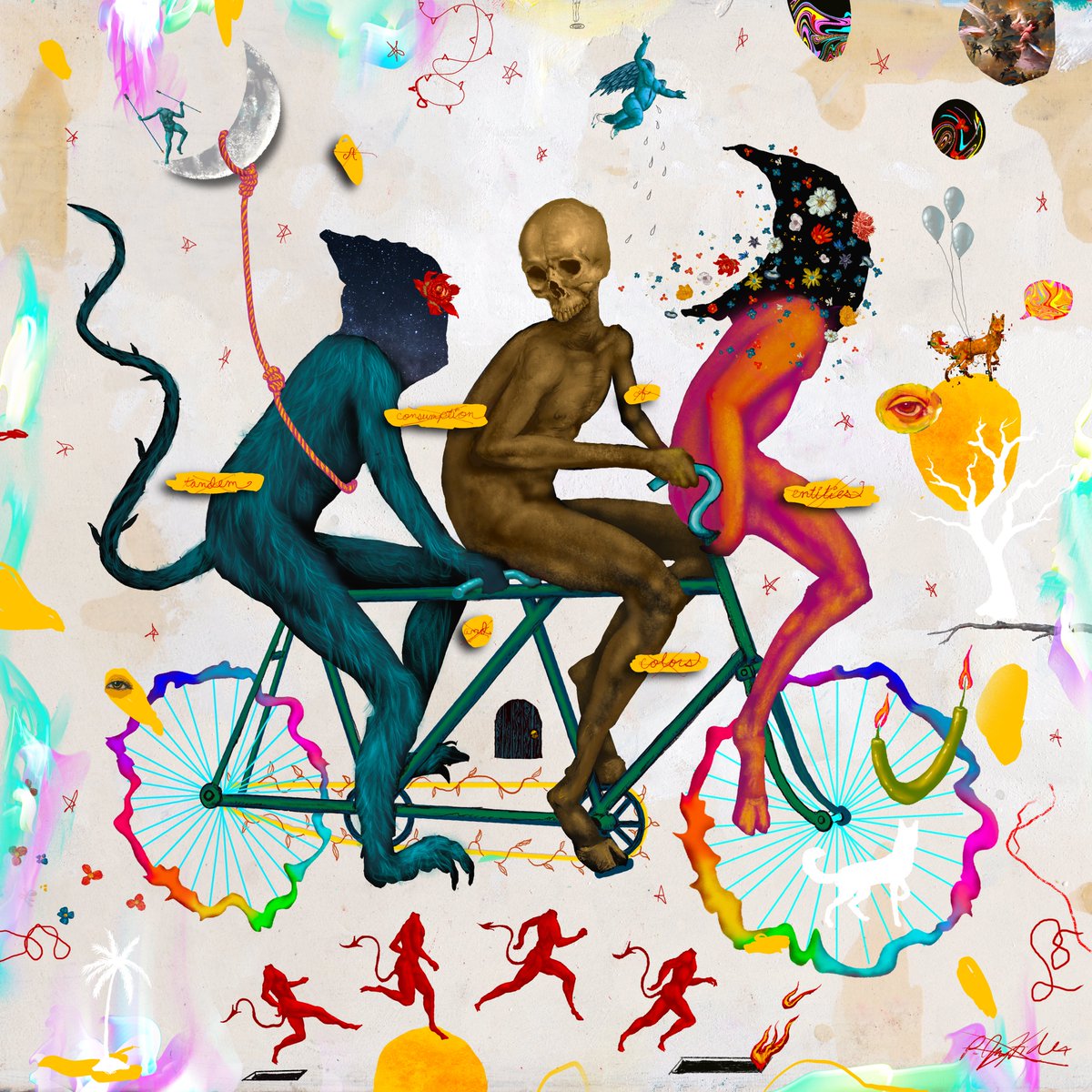 In honor of Bicycle Day (I know I am a little late) here is a painting I did for that momentous day! "A_Tandem_Consumption_Of_Entities_And_Color" hashtag#bicycleday