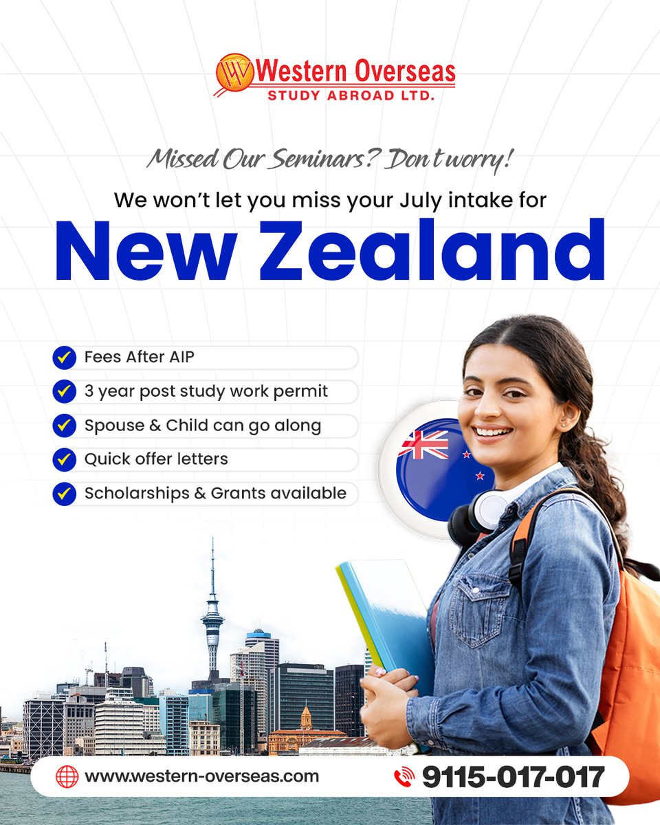 westernoverseaa's tweet image. 🚀 Ready for your future in New Zealand? 🇳🇿
Apply for July 2025 with Western Overseas!
Fees after AIP ✅ 3 yrs PSW ✅ Bring your family ✅ Quick offer letters, scholarships &amp;amp; grants await! 🎉📘

For more details:
Call: 9115017017

#StudyInNZ #July2025Intake #WesternOverseas