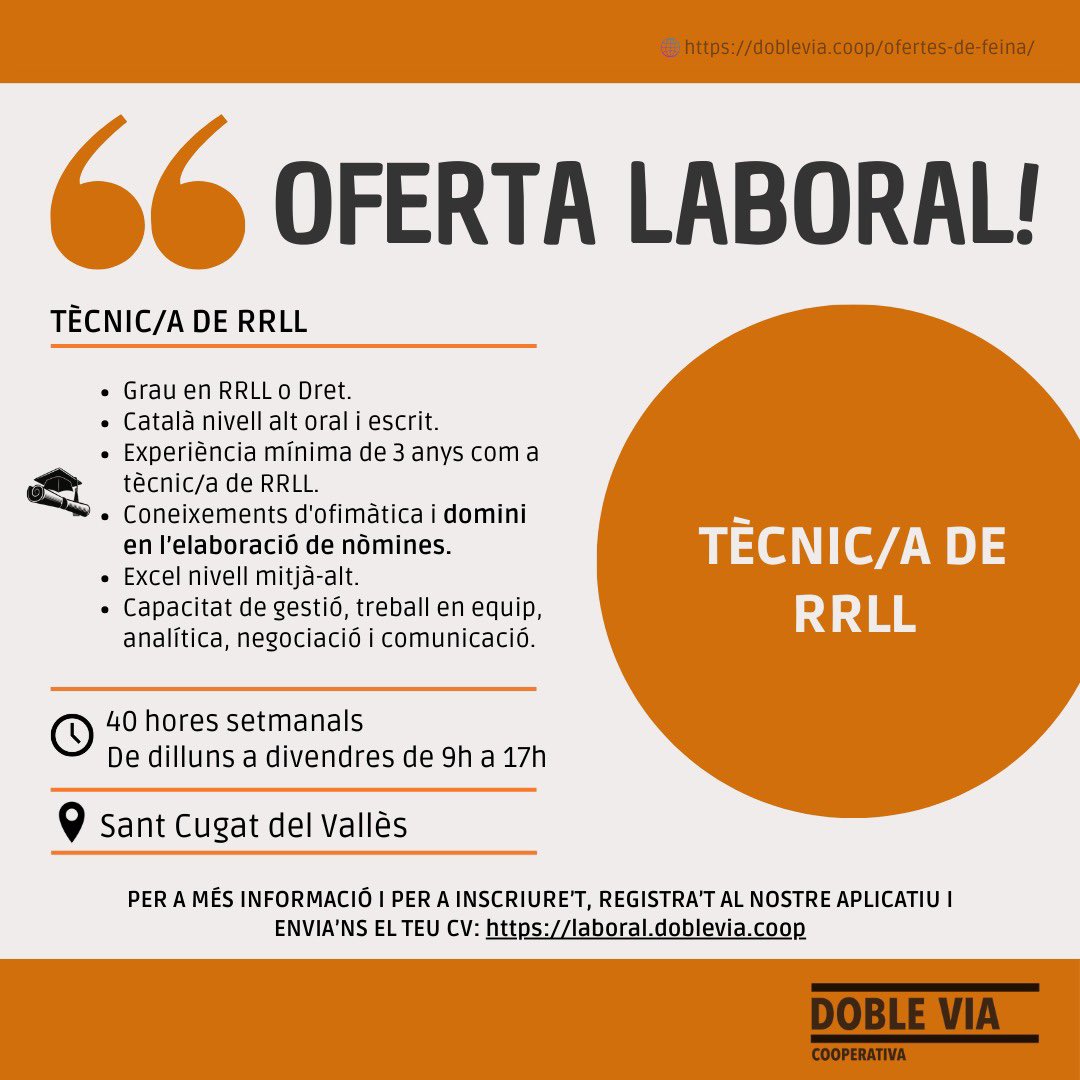 ⚠️ OFERTA LABORAL URGENT: TÈCNIC/A RELACIONS LABORALS ⚠️
🔗 PER A MÉS INFORMACIÓ I PER A INSCRIURE’T, REGISTRA’T AL NOSTRE APLICATIU I ENVIA’NS EL TEU CV: laboral.doblevia.coop