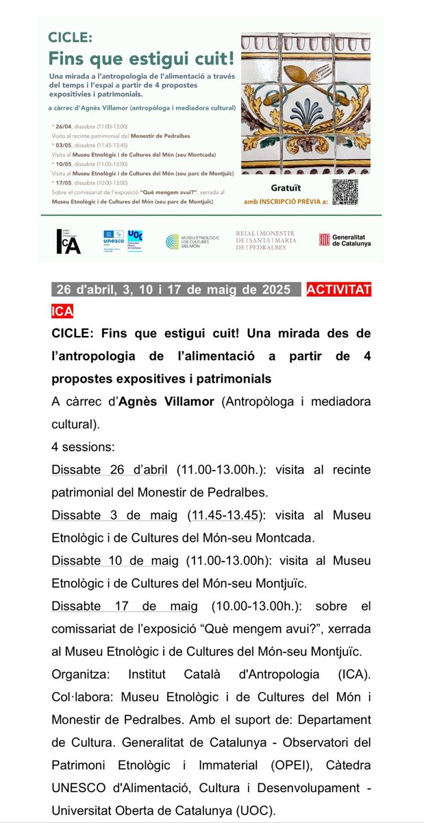 Cicle: “Fins que estigui cuit! Una mirada a l'antropologia de l'alimentació a través del temps i l'espai a partir de 4 propostes expositivies i patrimonials”. Organitzat per <a href="/AntropologiaCat/">ICA</a> , amb la col·laboració de <a href="/FoodAtUOC/">Food Culture Chair UNESCO-UOC</a>