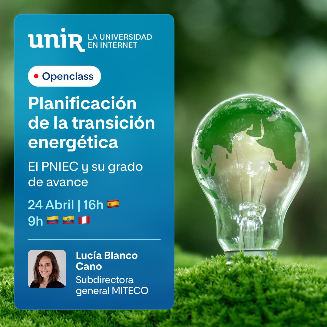 Universidad Internacional de La Rioja (UNIR) (@uniruniversidad) on Twitter photo 🚨 ¡𝗘𝘀 𝗵𝗼𝘆! La OpenClass sobre el futuro energético 🌍con 𝗟𝘂𝗰𝗶́𝗮 𝗕𝗹𝗮𝗻𝗰𝗼 𝗖𝗮𝗻𝗼 <a href="/mitecogob/">Transición Ecológica y Reto Demográfico</a> analiza el 𝗣𝗡𝗜𝗘𝗖 y su impacto positivo en España, en el marco de la Cátedra 𝗔𝗥𝗘𝗦𝗢𝗟 - 𝗨𝗡𝗜𝗥 de Energías Renovables y Eficiencia Energética <a href="/Aresol_ER/">Aresol Renovables</a>
Hoy 🚨 ¡𝗘𝘀 𝗵𝗼𝘆! La OpenClass sobre el futuro energético 🌍con 𝗟𝘂𝗰𝗶́𝗮 𝗕𝗹𝗮𝗻𝗰𝗼 𝗖𝗮𝗻𝗼 <a href="/mitecogob/">Transición Ecológica y Reto Demográfico</a> analiza el 𝗣𝗡𝗜𝗘𝗖 y su impacto positivo en España, en el marco de la Cátedra 𝗔𝗥𝗘𝗦𝗢𝗟 - 𝗨𝗡𝗜𝗥 de Energías Renovables y Eficiencia Energética <a href="/Aresol_ER/">Aresol Renovables</a>
Hoy