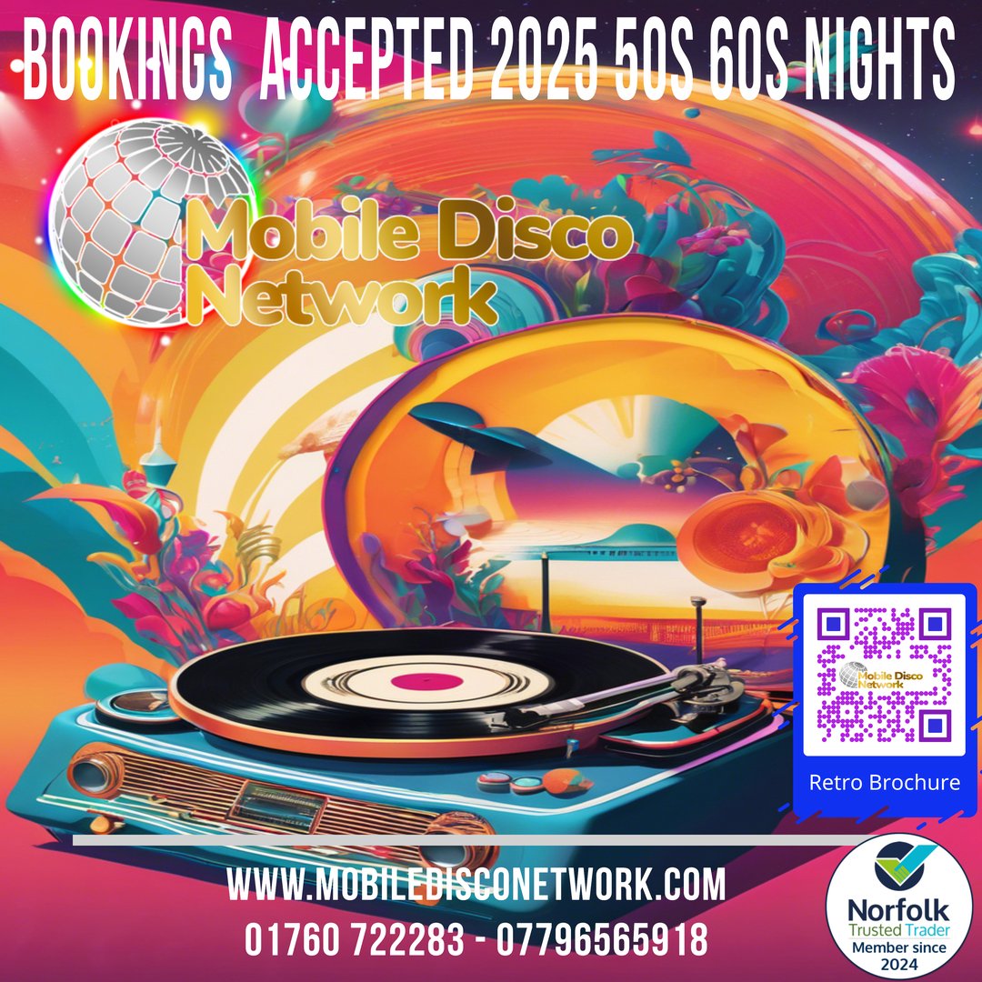 disco_network's tweet photo. Step back in time with our 50s &amp; 60s nights! 🕺💃 Get ready to groove to the best retro beats and dance the night away. Bookings for 2025 are now open! Visit https://t.co/OXTyoLf7Ly or call 01760 722283 - 07796565918 for more info. #50sNight #60sNight #RetroParty #MobileDisco https://t.co/Mk5s8PTxsd