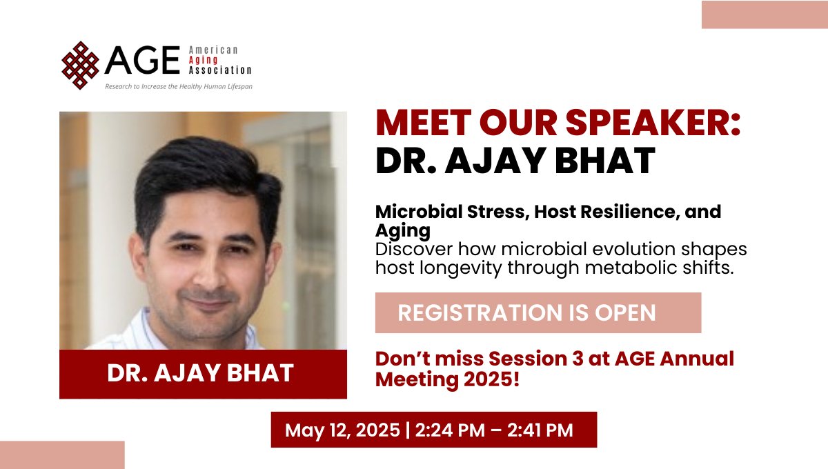 🧬 Meet Dr. <a href="/ajybhat/">ajay bhat</a>!
Microbiome &amp; metabolism researcher spotlighting how microbial stress response boosts lifespan. See him at #AGEAnnualMeeting2025!
🔗 bit.ly/4cJx8Gd
#MicrobiomeScience #LongevityScience #Healthspan #Geroscience