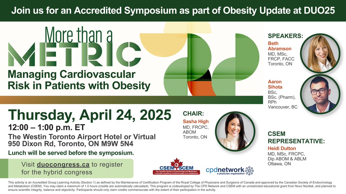 Join us at #DUOCongress today for More than a Metric—an accredited symposium on obesity &amp; CV risk. Learn how to integrate obesity management and patient-centered care to reduce CV risk. April 24 at 12 PM ET. Register now: duocongress.ca