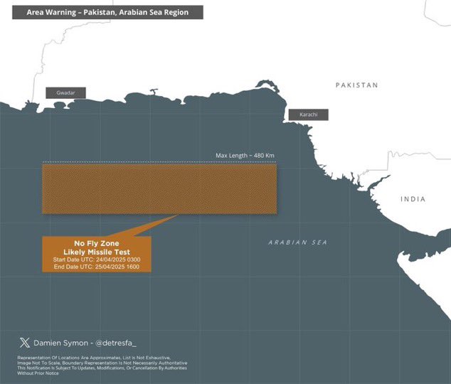 TelegraphPak's tweet image. #AreaWarning — Pakistan issues a notification for a potential missile test in the Arabian Sea region.
 
Dates: 24–25 April 2025