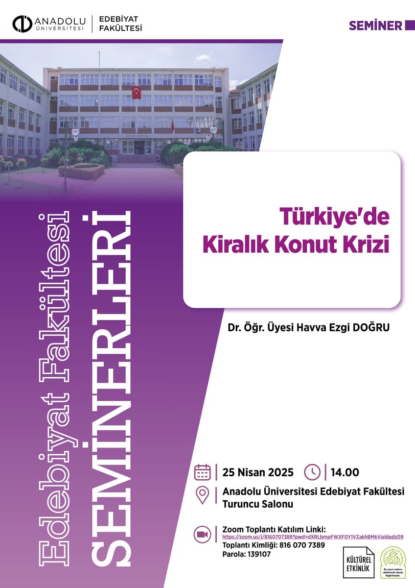 Edebiyat Fakültesi Seminerleri kapsamında 25 Nisan Cuma günü (yarın) bölümümüz öğretim üyelerinden Dr. Öğr. Üyesi Havva Ezgi DOĞRU ZIRIĞ'ın konuşmacı olacağı seminere davetlisiniz!
🕑14:00 📍Prof. Dr. Taciser TÜFEKÇİ SİVAS Salonu
🔗zoom.us/j/8160707389?p…