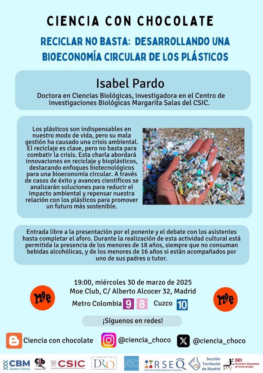 Nueva charla de #CienciaConChocolate

RECICLAR NO BASTA: DESARROLLANDO UNA BIO ECONOMÍA CIRCULAR DE LOS PLÁSTICOS ♻️🌍

Acompañarnos en esta ponencia para aprender sobre los plásticos y sobre como promover la sostenibilidad

30/04/2025 📆
19:00 🕐
Moe Club 📍

¡No te lo pierdas!