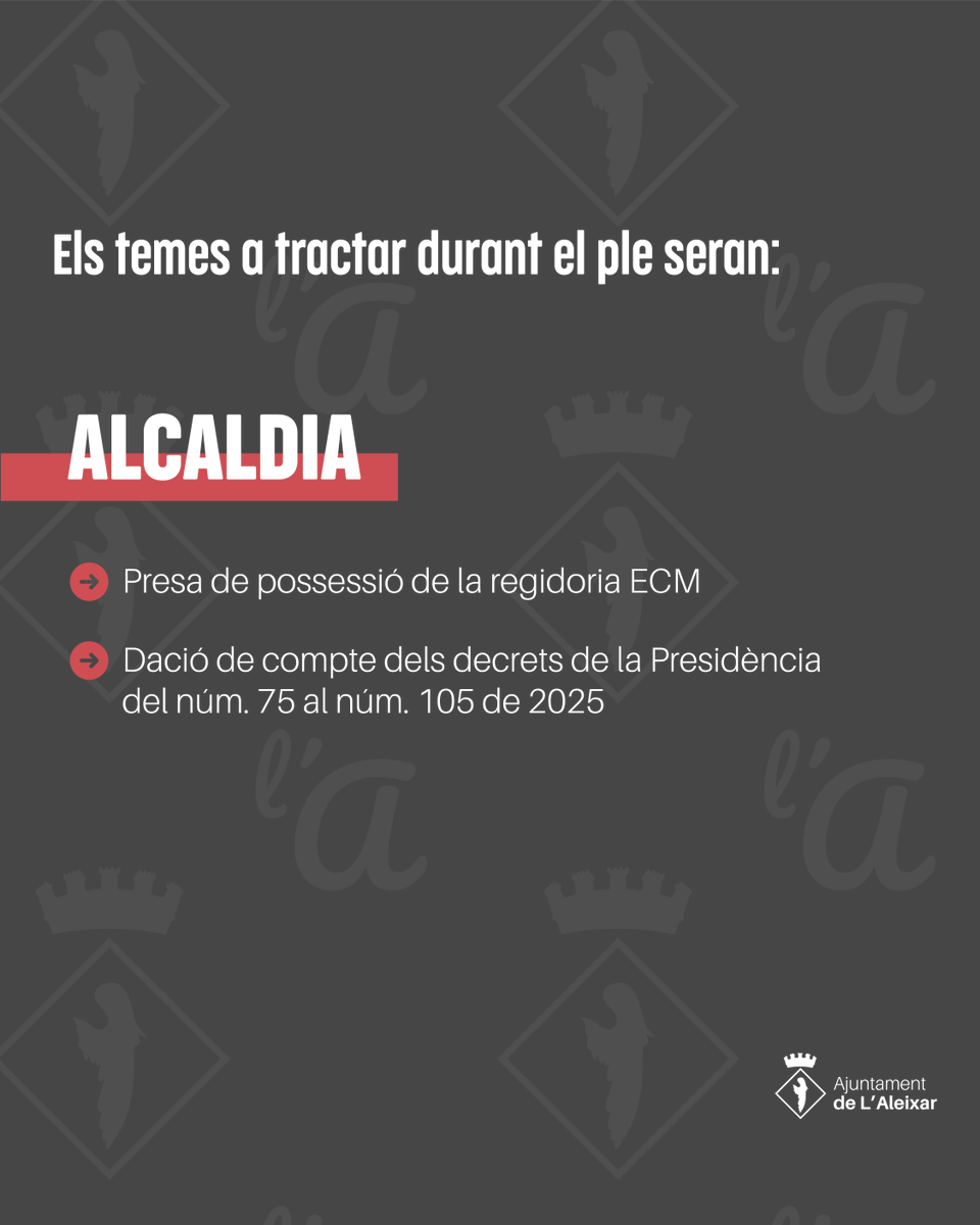 ajlaleixar's tweet photo. 💬 CONVOCATÒRIA DE PLE EXTRAORDINARI

Aquest dilluns, 28 d'abril, a les 19:00 h, es convoca un ple extraordinari a la Sala de Plens de l'Ajuntament.

❗ Tothom qui ho desitgi podrà assistir-hi com a públic.

#lAleixar #AjuntamentdelAleixar #pleextraordinari https://t.co/91JHI2enpu