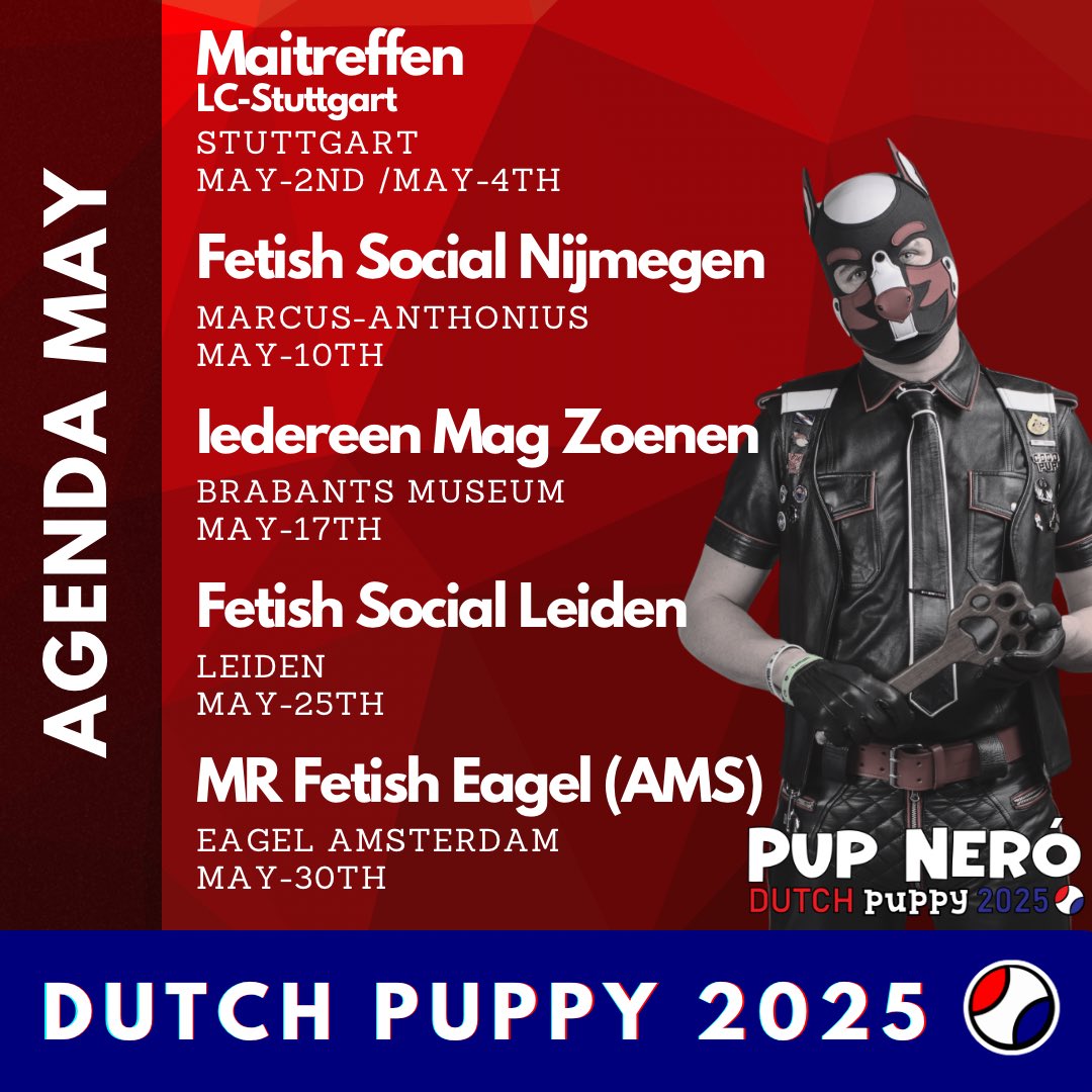 🐾 Agenda Announcement! 🐾 

Excited to share that I'll be at some amazing events next month! Mark your calendars! 🗓️

I can't wait to see all of you! 

Huggs, boops, and wags,  
Pup Neró Dutch Puppy 2025! 🐶💖

#Kinky #Fetish #FetishCommunity #FetishEvents #KinkyEvents#PupPlay