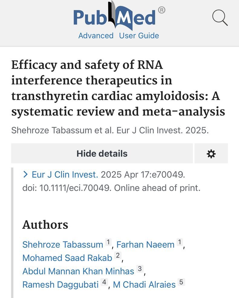 Shehroze Tabassum, M.D. (@shehroze279) on Twitter photo Our first-ever meta-analysis on RNAi therapeutics in transthyretin🫀amyloidosis has been published in <a href="/EJCI_News/">European Journal of Clinical Investigation</a>
🔗pubmed.ncbi.nlm.nih.gov/40247650/
Grateful to <a href="/AbdulMannan5465/">Abdul Mannan Khan Minhas</a>, <a href="/RameshDaggubati/">Ramesh Daggubati</a>, and <a href="/chadialraies/">Chadi Alraies, MD FACC FSCAI</a> for their mentorship.
Congratulations to all co-authors! <a href="/farhannaee12029/">Farhan Naeem</a> Our first-ever meta-analysis on RNAi therapeutics in transthyretin🫀amyloidosis has been published in <a href="/EJCI_News/">European Journal of Clinical Investigation</a>
🔗pubmed.ncbi.nlm.nih.gov/40247650/
Grateful to <a href="/AbdulMannan5465/">Abdul Mannan Khan Minhas</a>, <a href="/RameshDaggubati/">Ramesh Daggubati</a>, and <a href="/chadialraies/">Chadi Alraies, MD FACC FSCAI</a> for their mentorship.
Congratulations to all co-authors! <a href="/farhannaee12029/">Farhan Naeem</a>