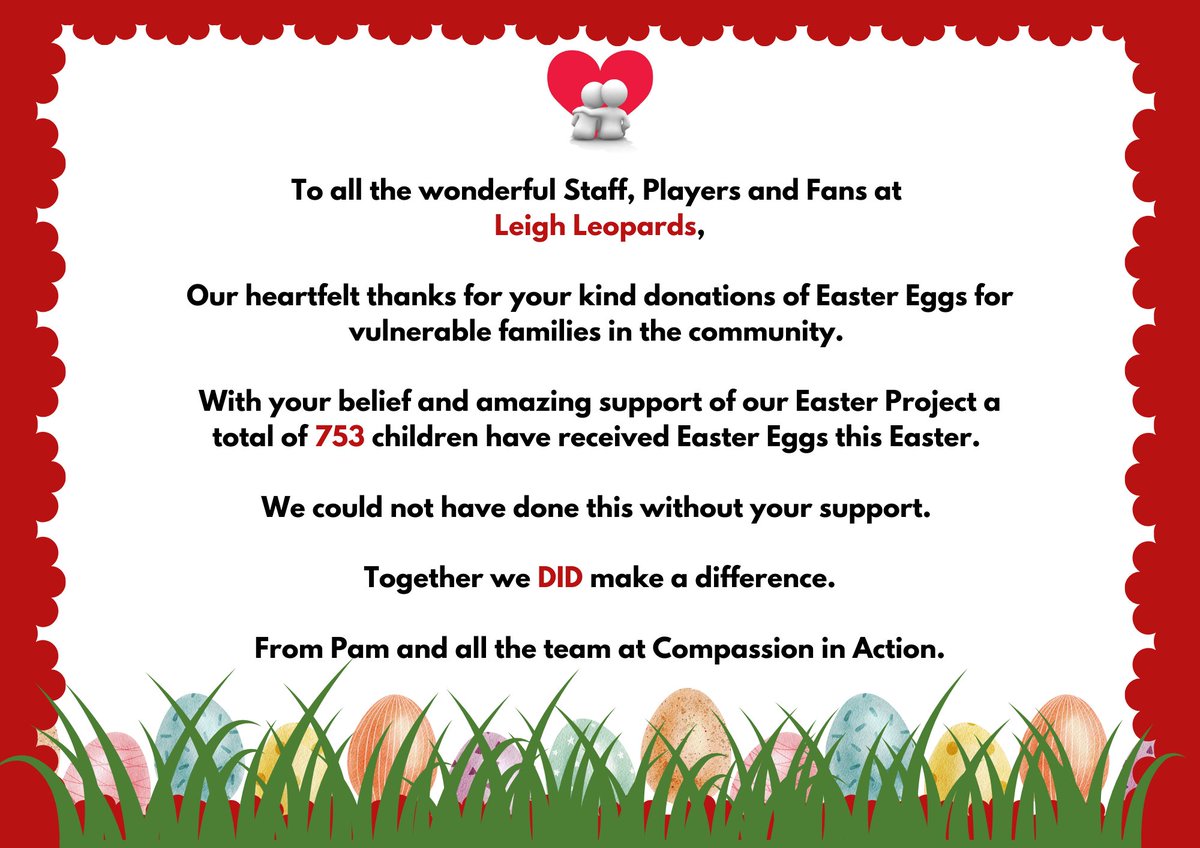Compassion in Action (@compassion_uk) on Twitter photo A special message of heartfelt thanks to the wonderful staff, players and fans at <a href="/LeighLeopardsRL/">Leigh Leopards</a> for your kind donation of Easter eggs for vulnerable families in the community. Together, we DID make a difference❤️ A special message of heartfelt thanks to the wonderful staff, players and fans at <a href="/LeighLeopardsRL/">Leigh Leopards</a> for your kind donation of Easter eggs for vulnerable families in the community. Together, we DID make a difference❤️