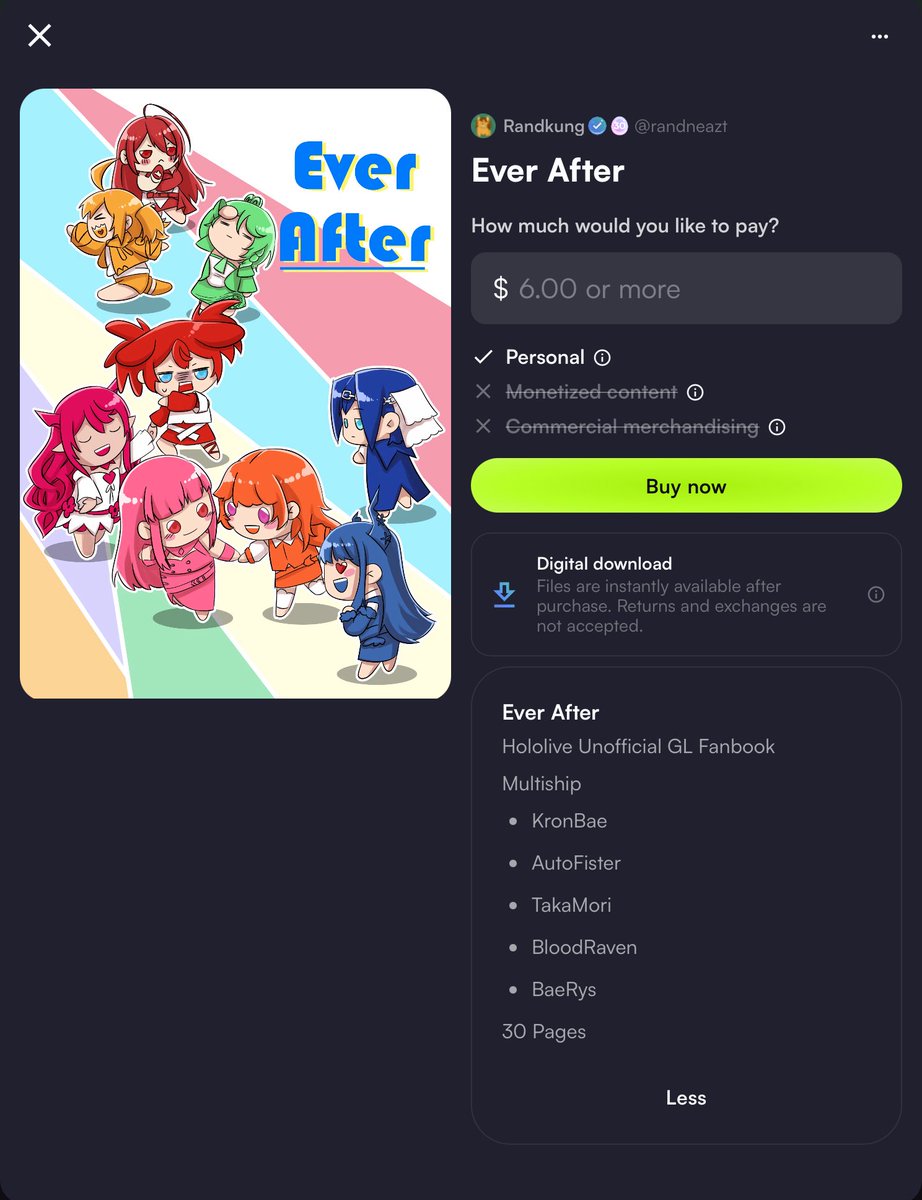 randneazt's tweet image. Ever After is out now!
Hololive EN fanbook about the girls and their happy Ever After
Please take a look!
vgen.co/randneazt/prod…
#VGenShop