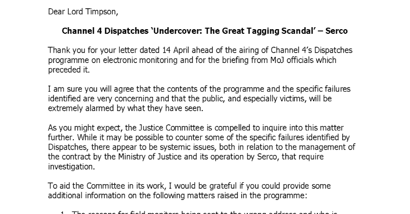 CommonsJustice's tweet photo. Following the concerning contents aired in the @Channel4 Dispatches programme about @SercoGroup electronic monitoring, we have written to Lord Timpson (@JamesTCobbler) requesting further information and reassurance on the issues raised.

Read the letter in full  ⬇️