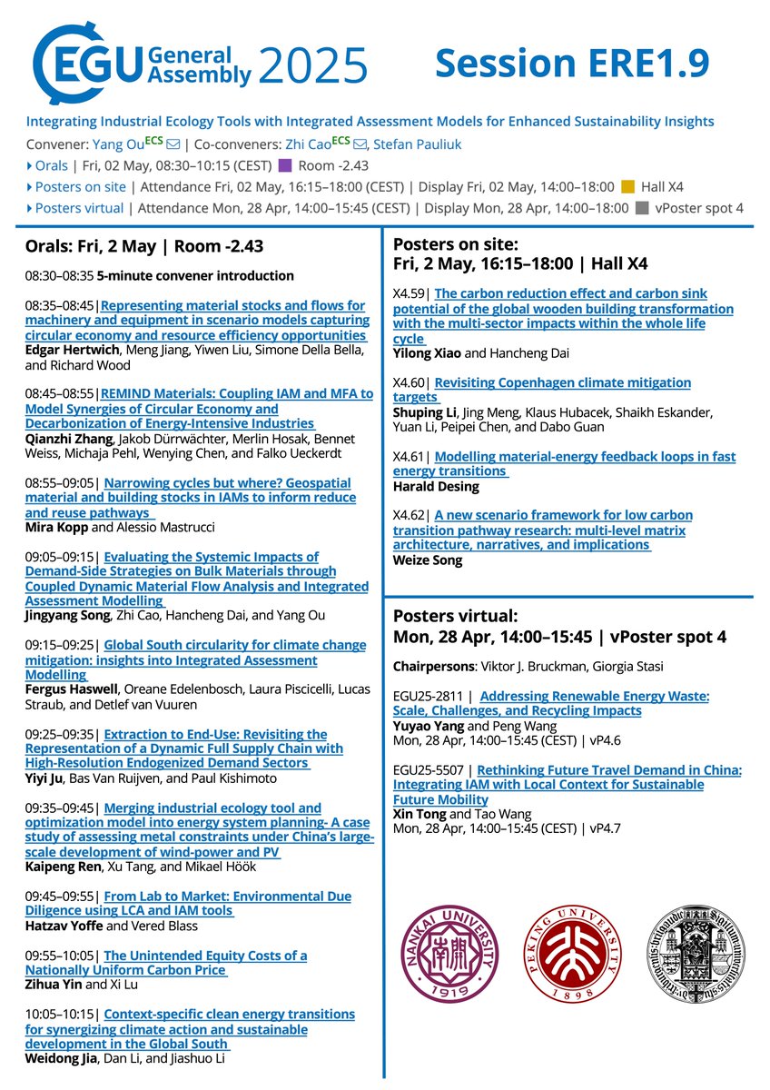 Excited to host our #EGU25 <a href="/EuroGeosciences/">European Geosciences Union</a> session on integrating industrial ecology tools with #IAMs to enhance sustainability insights! 🌍📊 Join us on May 2 for talks &amp; posters on circular economy, material flows, and low-carbon transitions. Room 2.43 &amp; Hall X4.