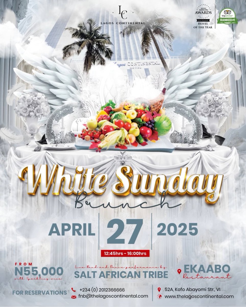 Lagos Continental (@thelchotel) on Twitter photo Join us for an unforgettable White Sunday Brunch, where elegance meets indulgence!
Donāt miss this luxurious experience!
Book now and treat yourself to a day of opulence!
Call: +234 (0)2012366666
Email: fnb@thelagoscontinental.com
#WhitesundayBrunch #Lagoscontinental Join us for an unforgettable White Sunday Brunch, where elegance meets indulgence!
Donāt miss this luxurious experience!
Book now and treat yourself to a day of opulence!
Call: +234 (0)2012366666
Email: fnb@thelagoscontinental.com
#WhitesundayBrunch #Lagoscontinental