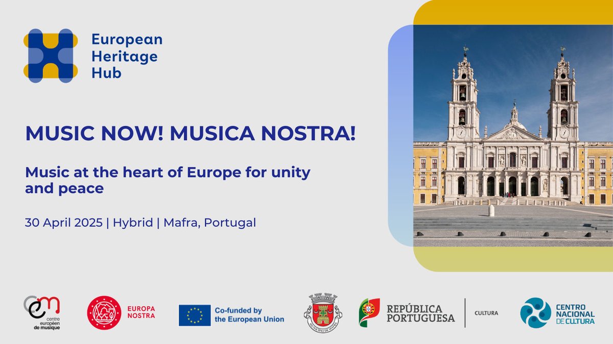 🗓️3 days left to register for in-person attendance! Join us on 30 April at the UNESCO-listed National Palace of Mafra 🇵🇹 for ‘Music Now! Musica Nostra!’ as we explore music as a key element of European identity, and a driver of unity and peace 
europeanheritagehub.eu/save-the-date-…
