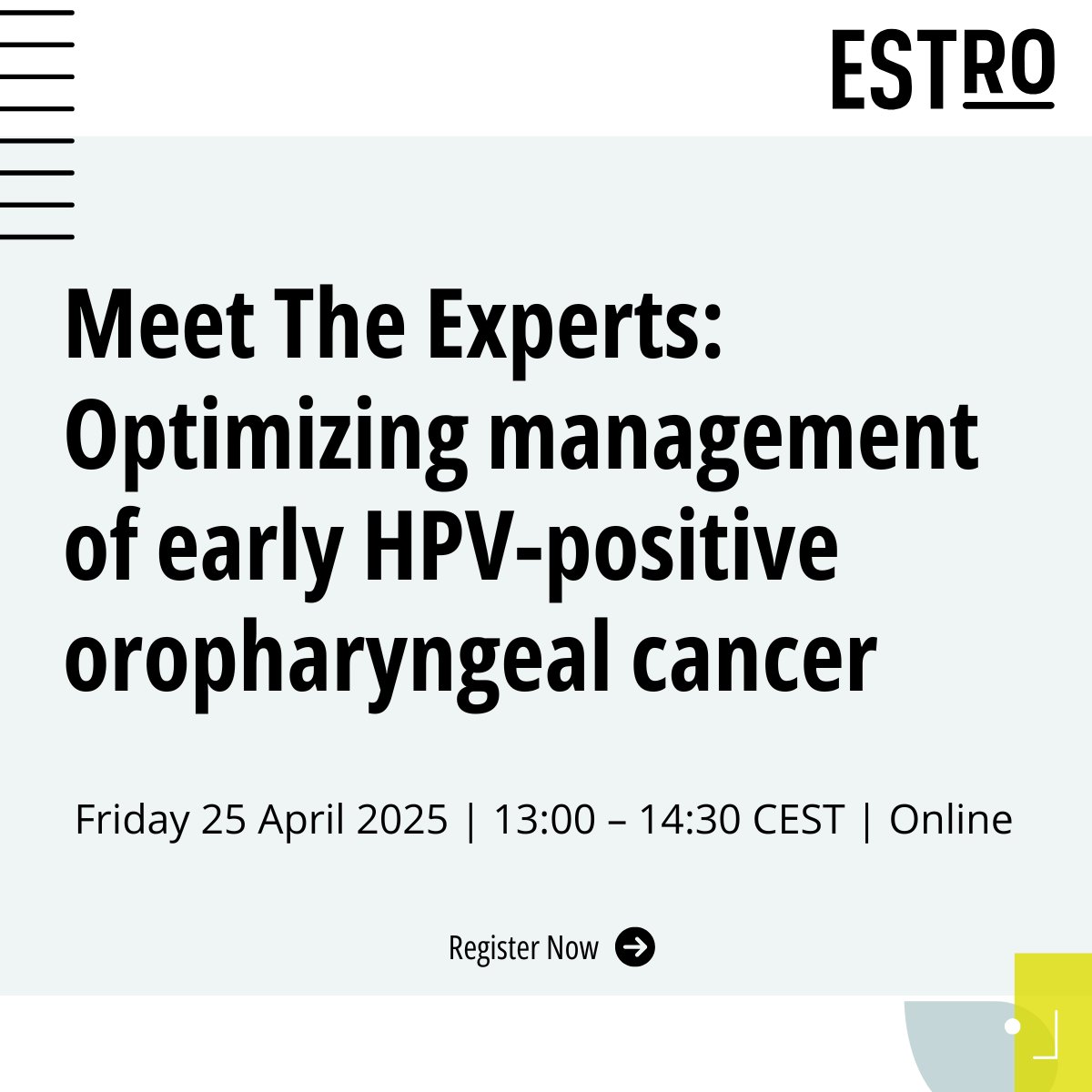 ESTRO_RT's tweet photo. 🚨 TOMORROW! Join the ESTRO webinar on early HPV+ oropharyngeal cancer with Dr.  @AshwiniBudrukar  , Dr. Grégoire &amp; Dr. González Pérez.
🕐 13:00–14:30 CEST | 💻 Online
Moderated by Dr. @joncaci &amp; Dr. Tagliaferri
Register Now: https://t.co/fZFB80Po6r

#HeadAndNeckCancer #Radonc https://t.co/hhJbmFJRy8