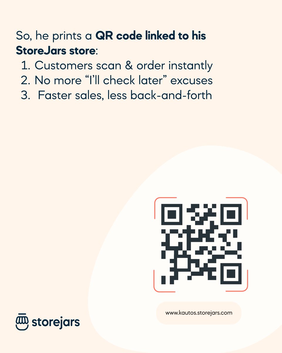 StoreJars's tweet photo. Turn offline buyers into online customers! 🚀 Use QR codes to drive instant sales
#storejars #businessgrowth #entrepreneurship #smallbusinessowners #saleschallenge #businesssupport #nigeriabusiness https://t.co/s5m1zSXdQl