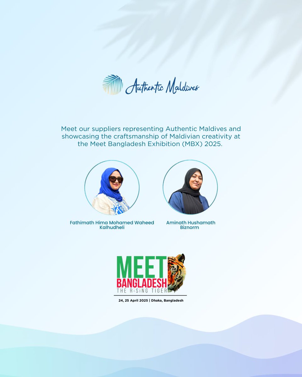 AuthenticMaldives (@authentic_mv) on Twitter photo Authentic Maldives is at MBX 2025 in Dhaka!
Invited by <a href="/MoEDmv/">Ministry of Economic Development and Trade</a> & <a href="/MoFAmv/">Ministry of Foreign Affairs 🇲🇻</a>, we’re showcasing Maldivian creativity at this key South Asian trade event.
Joining us:
• Aminath Hushamath – Biznorm
• Fathimath Hima Mohamed Waheed – Kalhudheli Authentic Maldives is at MBX 2025 in Dhaka!
Invited by <a href="/MoEDmv/">Ministry of Economic Development and Trade</a> & <a href="/MoFAmv/">Ministry of Foreign Affairs 🇲🇻</a>, we’re showcasing Maldivian creativity at this key South Asian trade event.
Joining us:
• Aminath Hushamath – Biznorm
• Fathimath Hima Mohamed Waheed – Kalhudheli