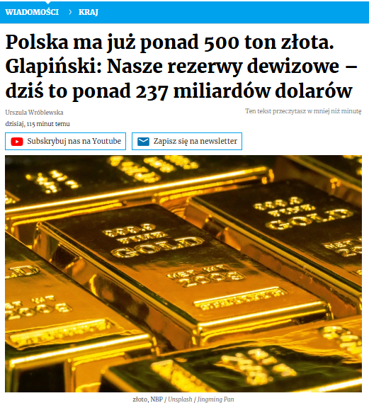 Czyli tak:
- Polska ma już prawie tyle samo złota co Europejski Bank centralny (ponad 500 ton).
-Złotówka się umacnia.
-Inflacja spada
-Rząd chce postawić Glapińskiego nie wiadomo za co przed Trybunałem Stanu
- w Business Insiderze robią atak na Glapińskiego, że <a href="/nbppl/">Narodowy Bank Polski</a> ma stratę