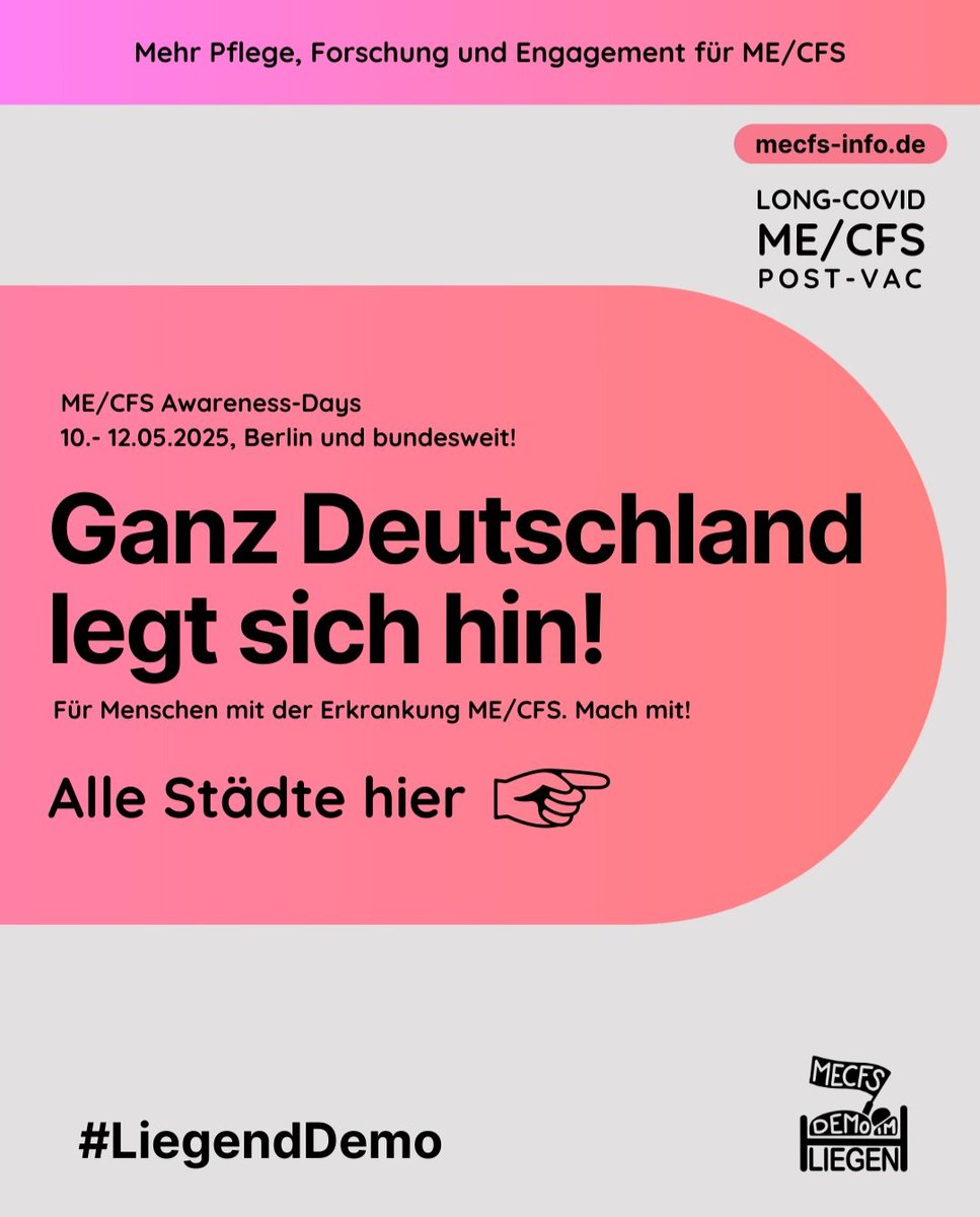 🪧💪Die #LiegendDemo2025 rückt immer näher! 
Zwischen dem 10. und 12. Mai heißt es: Hinlegen. Stellvertretend. Solidarisch. Sichtbar. Für mehr Pflege, Forschung und Engagement für ME/CFS.