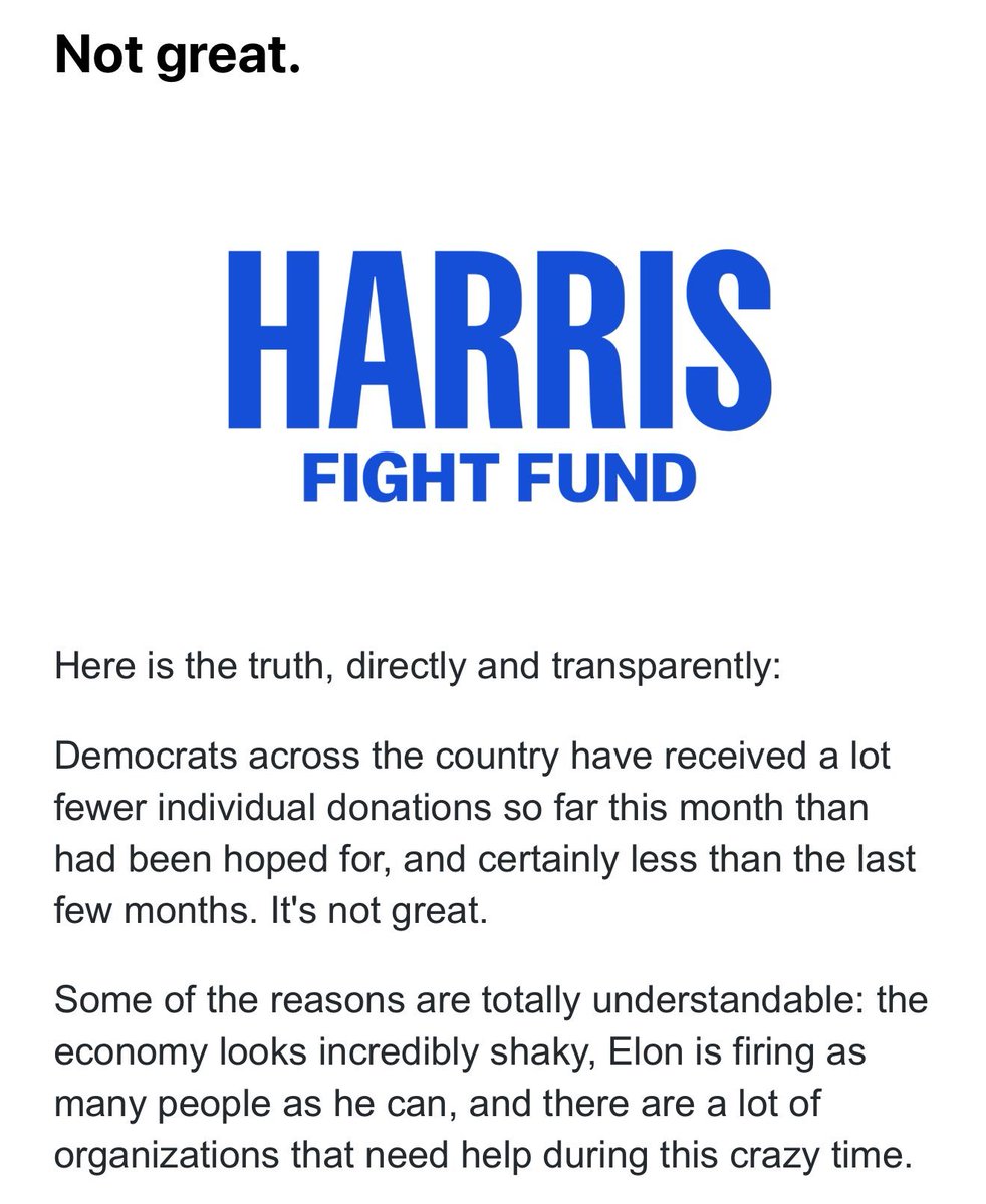 bennyjohnson's tweet image. Oof. Kamala just sent out an email saying the Democrat's funds are drying up... And she blames it on Elon Musk. 

Donors are vanishing at insane speeds. Their platform is dead. 

“Democrats across the country have received a lot fewer individual donations so far this month than…