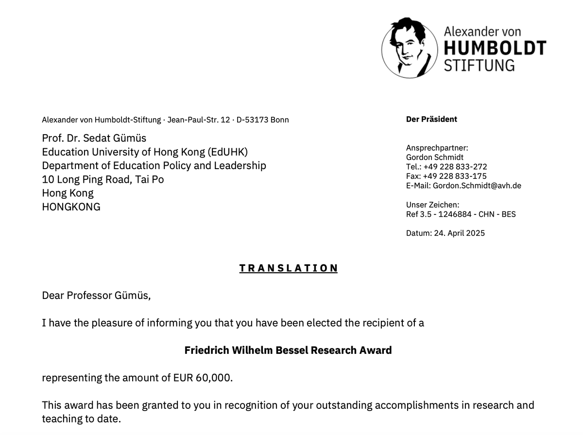 Güzel bir haberi paylaşmak isterim. Humboldt vakfı tarafından her yıl uluslararası bilime katkı sağlayan 20 akademisyene verilen Friedrich Wilhelm Bessel Araştırma ödülünü kazandım. Ödülün bir kısmını Almanya ziyaretim, kalanını ise Annem adına bir kreş yapımı için kullanacağım.