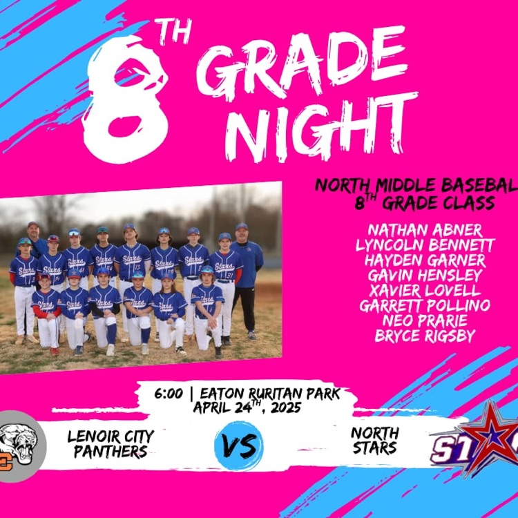 northmiddlestar's tweet photo. It’s 8th Grade Night at North Middle Baseball! ⚾ Come cheer on our 8th graders as we celebrate them before the game! Recognition starts at 5:30 & first pitch is at 6:00! Don’t miss it! Let’s go, North! #NorthPride #EighthGradeNight #NorthNation ❤️⭐️💙 https://t.co/m44fvKeqbo